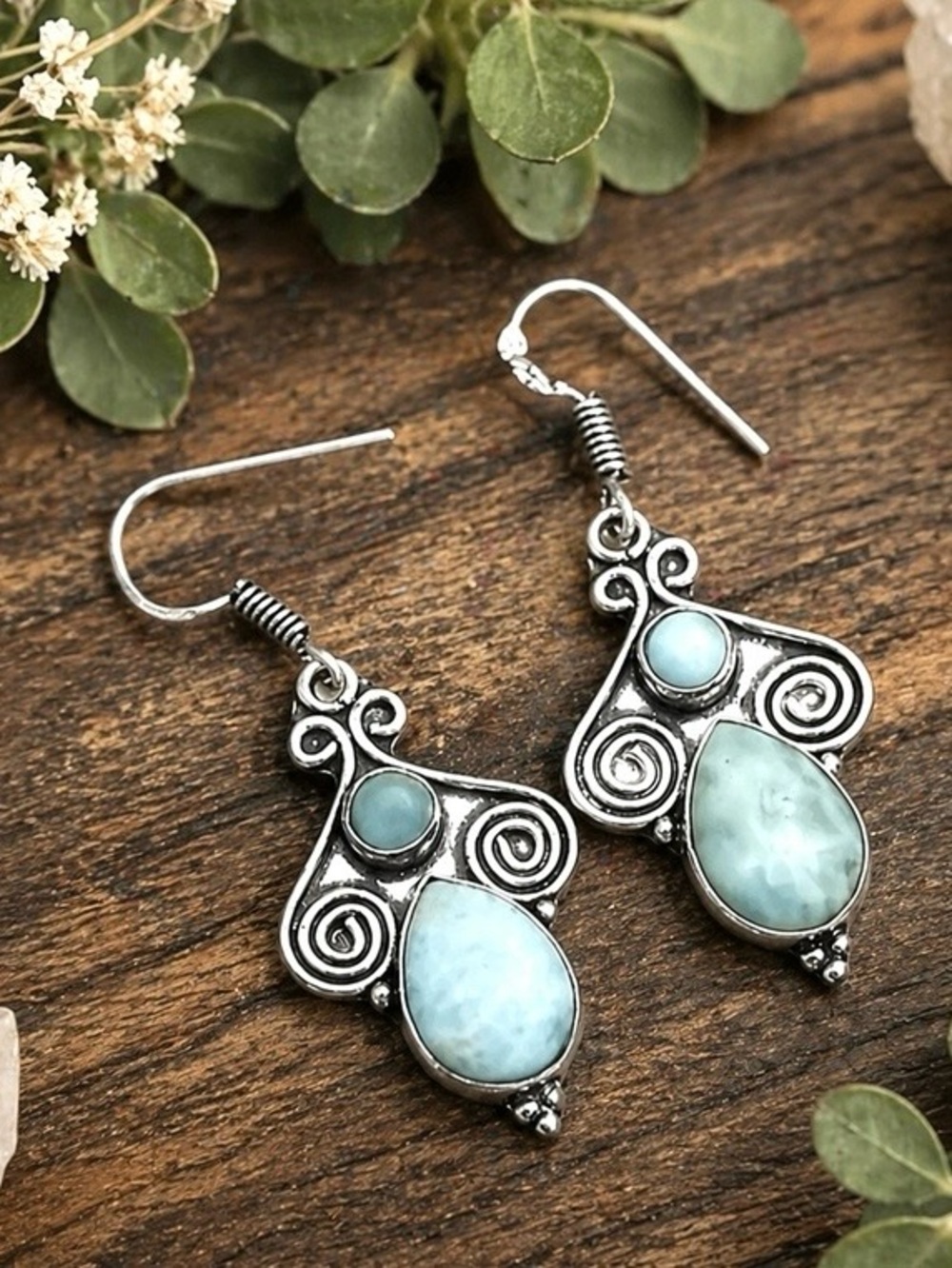 Natural Larimar Sterling Silver 2” Earrings